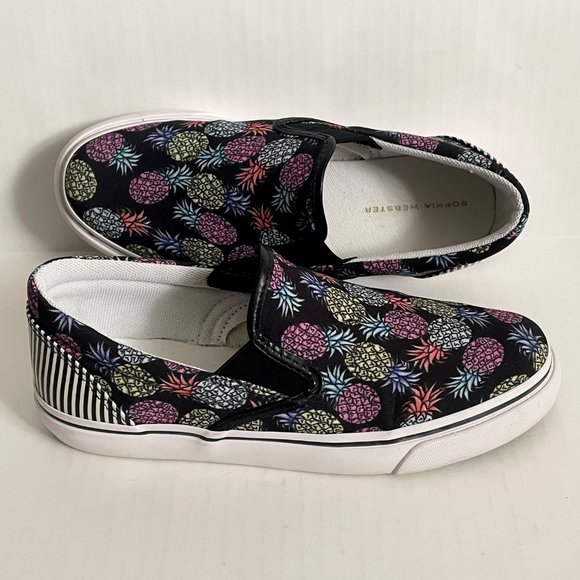 NWOT Sophia Webster Adele Pineapple Print Slip-On Sneaker 7 Black/Multi Canvas - Picture 3 of 14